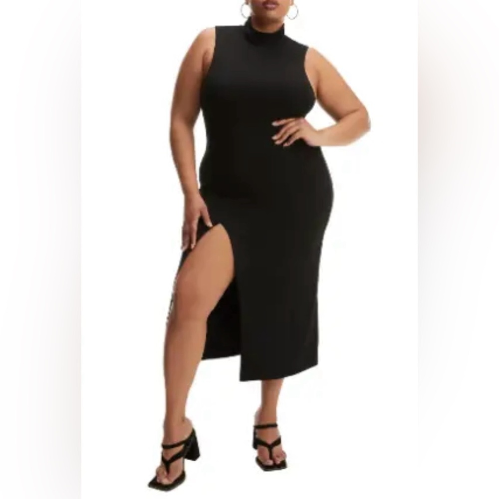 Good American Black Mock Neck Midi Dress